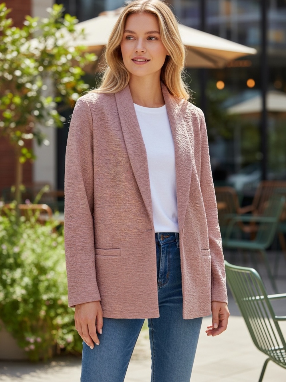 DR2 Textured Open-Front Blazer in Dusty Rose